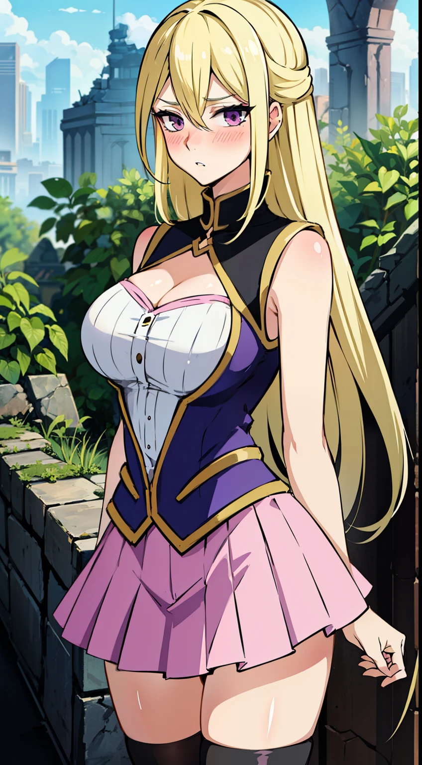 masterpiece, best quality,Gloria Tyler, blonde hair, purple eyes, serious, long hair, large breasts,sleeveless,pink skirt, (ruins),blush