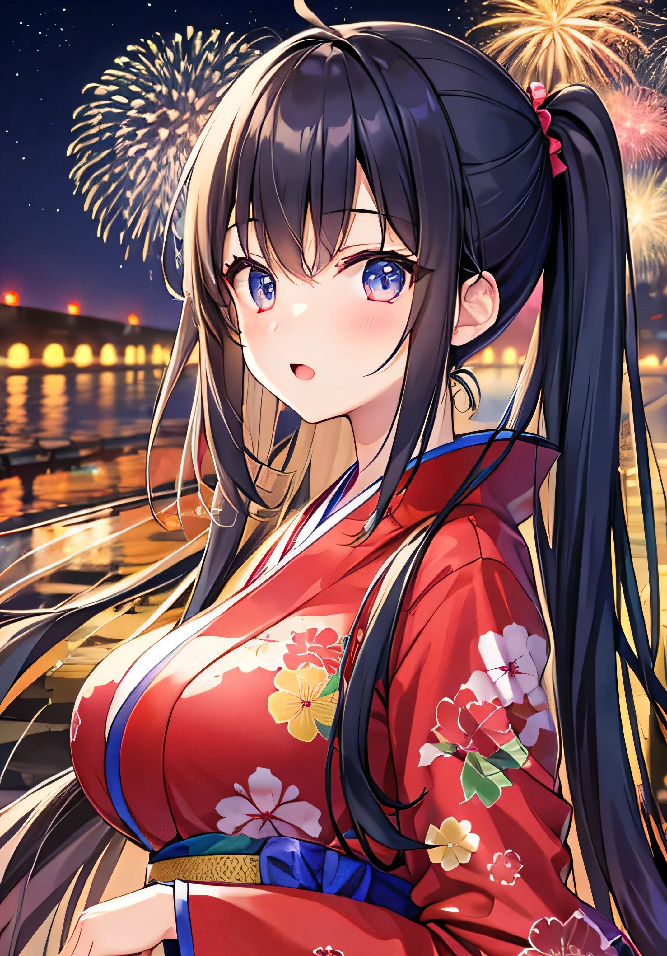 masterpiece、Highest quality、Ultra-high resolution、 girl with big breasts、twin tail hairstyle、black hair、Red face、shyly、open your mouth just a little、kimono、fireworks、at night time