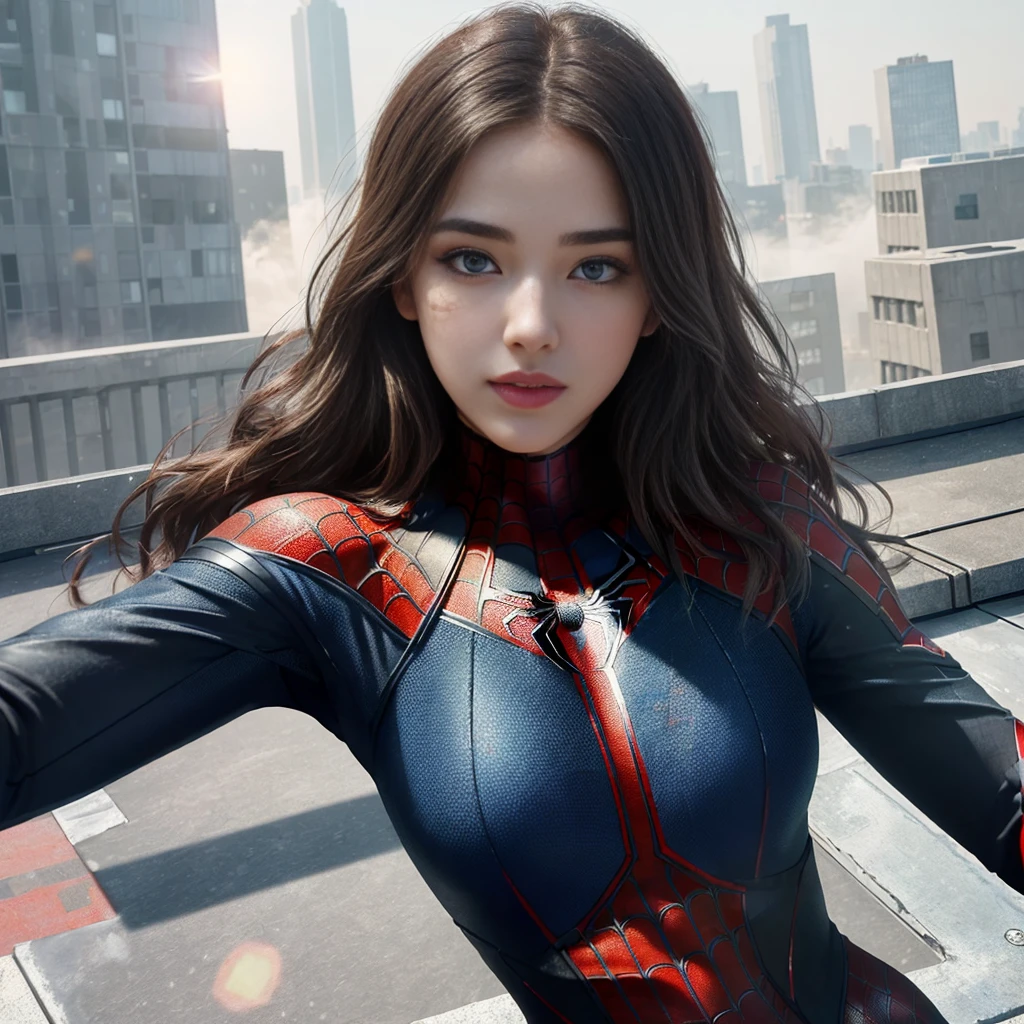 (1girl:1.3), Solo, (((Very detailed face)))), ((Very detailed eyes and face)))), Beautiful detail eyes, Body parts__, Official art, Unified 8k wallpaper, Super detailed, beautiful and beautiful, beautiful, masterpiece, best quality, original, masterpiece, super fine photo, best quality, super high resolution, realistic realism, sunlight, full body portrait, amazing beauty, dynamic pose, delicate face, vibrant eyes, (from the front), She wears Spider-Man suit, red and black color scheme, spider, very detailed city roof background, rooftop, overlooking the city, detailed face, detailed complex busy background, messy, gorgeous, milky white, highly detailed skin, realistic skin details, visible pores, clear focus, volumetric fog, 8k uhd, DSLR, high quality, film grain, fair skin, photo realism, lomography, futuristic dystopian megalopolis, translucent