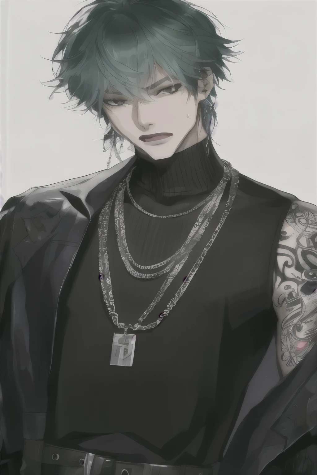 Drak green hair, boy, Sharp face, Cold look