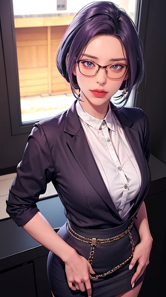 Girl with purple hair and eyes wearing grey shirt and tight skirt, Glasses, portrait, Intricate facial details, looking at the audience, Light and shadow, high quality, best quality, 8K, Reality, masterpiece, delicate eyes, Detailed lips, Extremely detailed face, Long eyelashes, beautiful, Happy expression, from above, black background