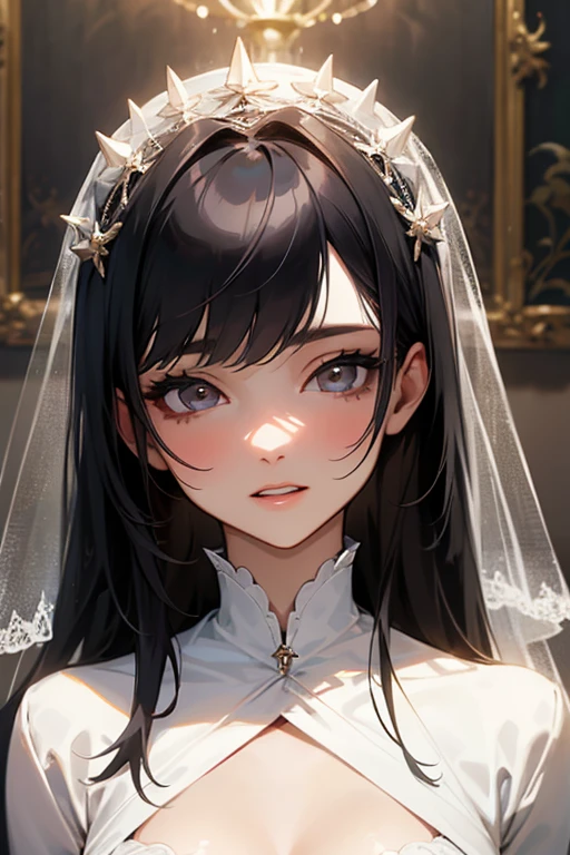 (Highest Resolution, clear_image) highest quality, Single person, One woman, alone, masterpiece, Very detailed, Semi-realistic, Black Hairのショートヘア, Black Hair, bangs, 18-year-old, mature, Wedding dress、Indoor Background, kind, Authoritative, Powerful, exquisite features, exquisite features、Eyelashes become longer、Showing teeth、woman'Fingers in the、Sleeping on the sofa、Long Hair、Fluttering in the wind、