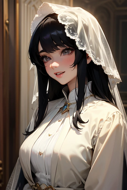 (Highest Resolution, clear_image) highest quality, Single person, One woman, alone, masterpiece, Very detailed, Semi-realistic, Black Hairのショートヘア, Black Hair, bangs, 18-year-old, mature, Wedding dress、Indoor Background, kind, Authoritative, Powerful, exquisite features, exquisite features、Eyelashes become longer、Showing teeth、woman'Fingers in the、Sleeping on the sofa、Long Hair、Fluttering in the wind、