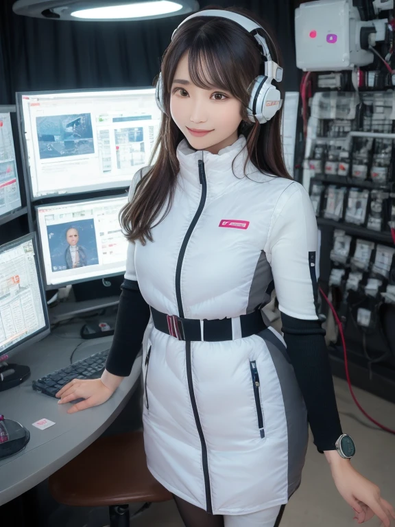 masterpiece, highest quality, Very detailed, 8K Portrait,Japanese Android Girl,plump , Control panel,Robotic arms and legs, Blunt bangs,,break (Metallic Gray, Metallic luster, Mirror finish, Astro Best):5,headphone:5,break (Black sleeves):100,Smart Watches,Futuristic space station,Control Room,break headphone,blue eyes,(Black Hair):2,(Long Hair):1.3,View the viewer,(respirator),break blush:3,Hidden Hand,smile