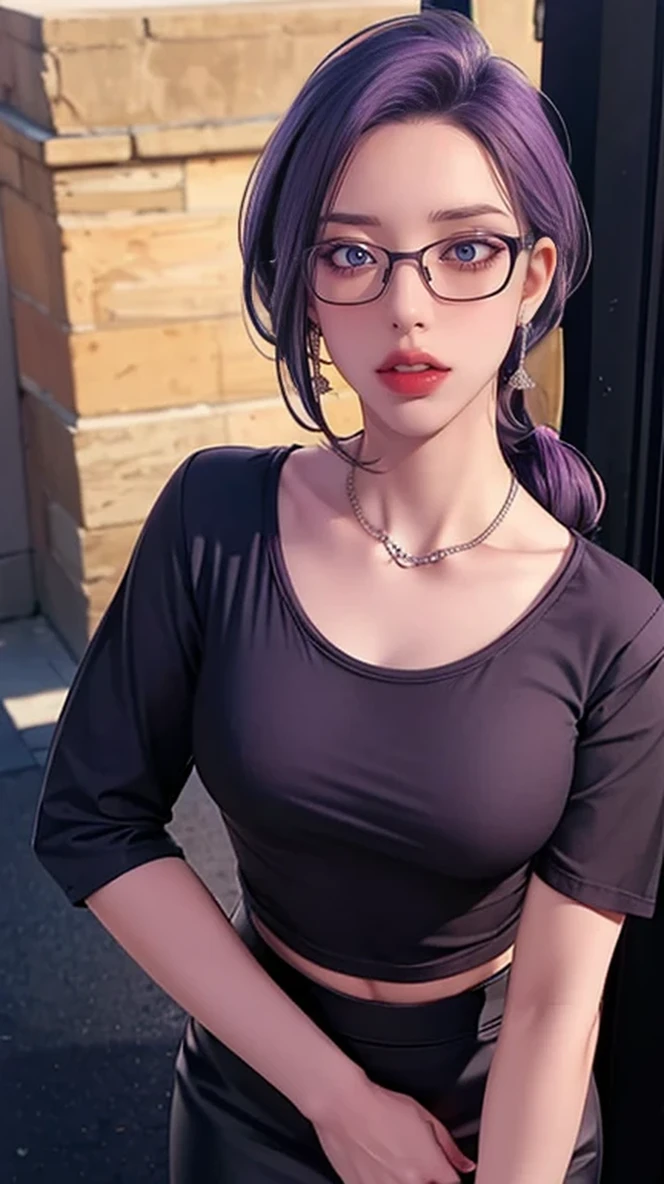 a girl with purple hair and eyes wearing a grey shirt and tight skirt, glasses, portrait, intricate facial details, looking at viewer, lighting and shadow play, high quality, best quality, 8k, photorealistic, masterpiece, detailed eyes, detailed lips, extremely detailed face, long eyelashes, beautiful, happy expression, from above, black background