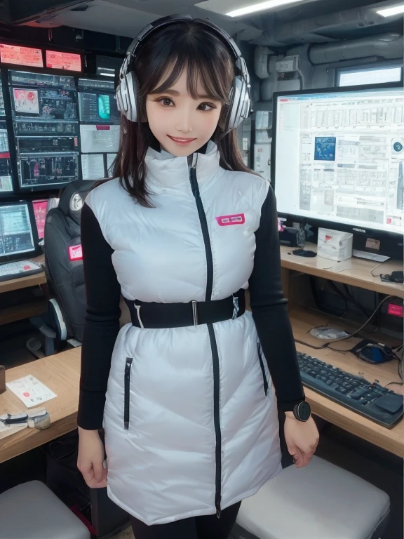 masterpiece, highest quality, Very detailed, 8K Portrait,Japanese Android Girl,plump , Control panel,Robotic arms and legs, Blunt bangs,,break (Metallic Gray, Metallic luster, Mirror finish, Astro Best):5,headphone:5,break (Black sleeves):100,Smart Watches,Futuristic space station,Control Room,break headphone,blue eyes,(Black Hair):2,(Long Hair):1.3,View the viewer,(respirator),break blush:3,Hidden Hand,smile