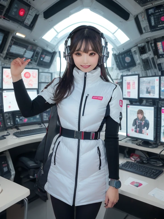 masterpiece, highest quality, Very detailed, 8K Portrait,Japanese Android Girl,plump , Control panel,Robotic arms and legs, Blunt bangs,,break (Metallic Gray, Metallic luster, Mirror finish, Astro Best):5,headphone:5,break (Black sleeves):100,Smart Watches,Futuristic space station,Control Room,break headphone,blue eyes,(Black Hair):2,(Long Hair):1.3,View the viewer,(respirator),break blush:3,Hidden Hand,smile