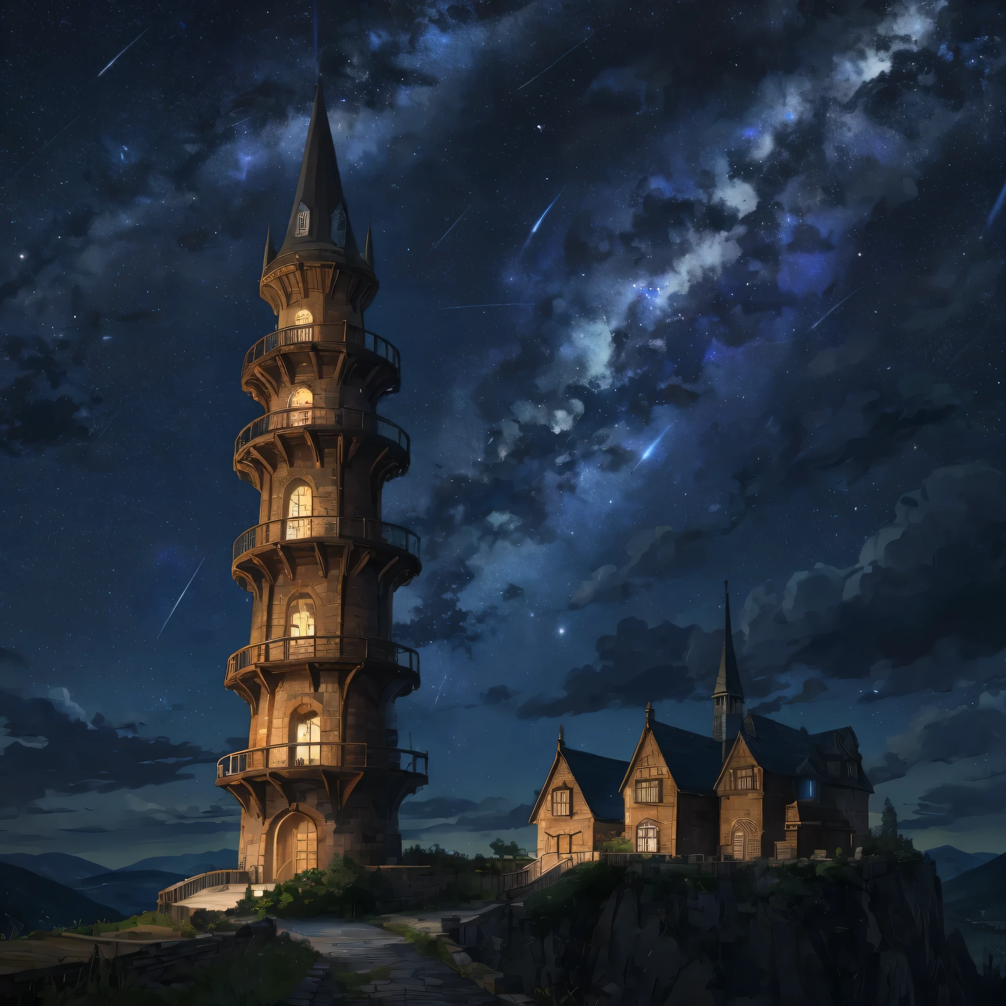 a single wizard tower make blue light in the middle of the starry night