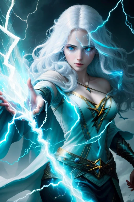 a painting of a beautiful young woman holding a lightning bolt in his hand, lightning fantasy magic, he is casting a lighting spell, with ice powers, an epic portrayal of the sandman, the god of thunder, explosive lightning spell, amazing lightning art, gandalf casts a lightningbolt, interdimensional lightning, god of thunder, fork lightning, the sandman from graphic novel
