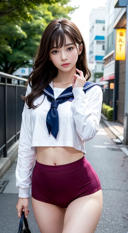 (masterpiece:1.3), (8k, Photorealistic, Raw photo, Best image quality: 1.4), Japanese, (One Girl), Beautiful Face, (A vivid face), Beautiful Hairstyles, Realistic eyes, Beautiful details in the eyes, (Realistic Skin), Beautiful skins, attractive, 超A high resolution, Ultra-realistic, Attention to detail, Golden Ratio, (Detail Makeup:1.2), Seeing the viewer,Tabletop, highest quality, Super detailed, In detail, High resolution, Composition of the whole body、Open leg pose、Boldly open your legs、Beautiful fine details, Fitness Wear, Natural color lip,Photorealistic、Realistic、solo、Photorealistic、highest quality、Highly detailed face、Highly detailed eyes and face、Beautiful and fine details、Absurd、Unbelievably absurd、My hair is messy、Floating Hair、Brown Hair、Wavy Hairstyle、Mid-length hair、(Highly detailed CG、8k Picture Wallpaper)、(Very delicate and beautiful)、(masterpiece)、(highest quality:1.0)、(超A high resolution:1.0)、Beautiful lighting、Perfect Lightning、Realistic Shadows、[High resolution]、Detailed skin、Super detailedな、Detailed face and eyes、Realistic eyes、Sharp pupils、Beautiful Face、Outdoor、Downtown Japan、Amidst the hustle and bustle、Blurred Background、Glowing Skin、Blunt bangs、Red Eye、(Sailor suit 1.2)、Sailor suits have long sleeves、Ultra HD Photos, 8K quality, School zone, Systemic composition, looking at the camera, Japan female, 20 years old, Perfect beauty, Texture that shows pores, Perfect Face, Clear skin, Clear skin, Beautiful and toned body, Muscular, thin, Small breasts, Tight ass and small breasts、Small Ass、 Bloomers (Bloomers in Japan School, Seamless Design, Monochromatic Bloomers, Bloomers are dark blue, Perfect fit、Bloomers are elastic fabrics、Bloomers length from navel３ｃｍThe following degrees:, )Legs wide open、In the middle of town on the way home from school