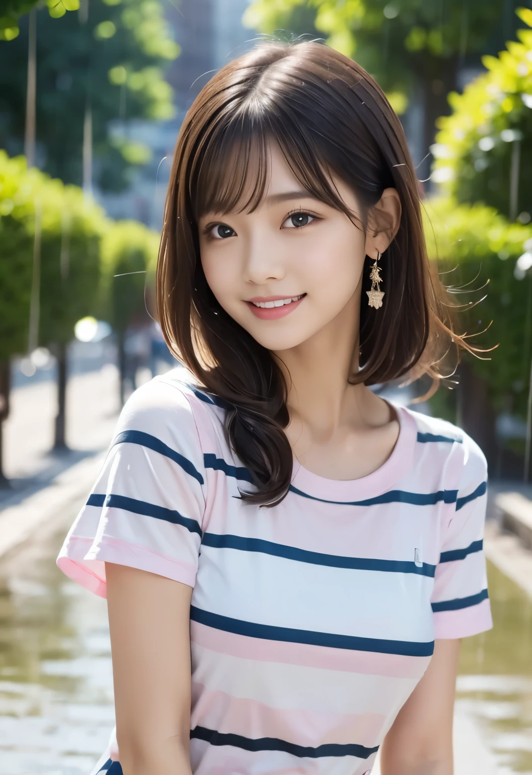(masterpiece, best quality:1.1), (8k, raw photo, photo realistic:1.2, f22), (shiny skin), detailed skin,long hair,ribbon,detailed face, detailed eyes,smile,BREAK, real world, intricate details, smil, BREAK, 1girl, full body,(short sleeve,stripe pattern,pink),BREAK, (rain:1.4)