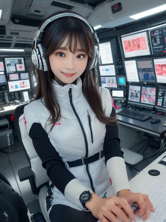 masterpiece, highest quality, Very detailed, 8K Portrait,Japanese Android Girl,plump , Control panel,Robotic arms and legs, Blunt bangs,,break (Metallic Gray, Metallic luster, Mirror finish, Astro Best):5,headphone:5,break (Black sleeves):100,Smart Watches,Futuristic space station,Control Room,break headphone,blue eyes,(Black Hair):2,(Long Hair):1.3,View the viewer,(respirator),break blush:3,Hidden Hand,smile