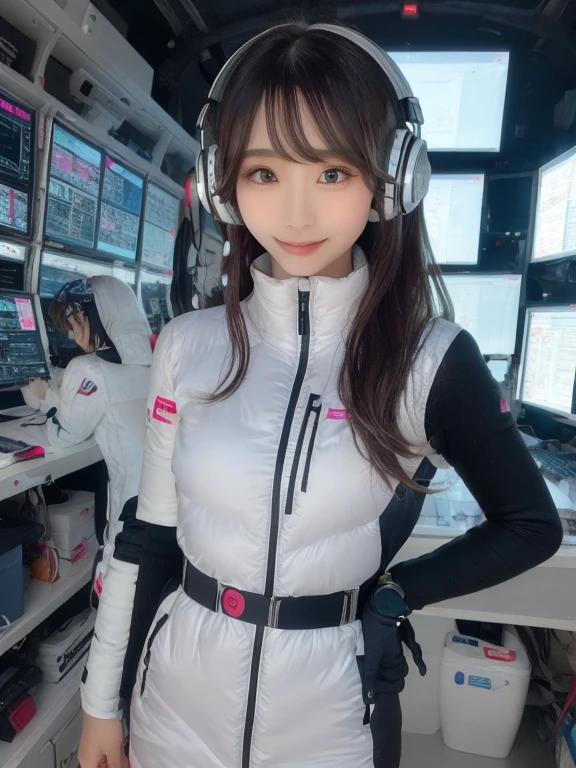 masterpiece, highest quality, Very detailed, 8K Portrait,Japanese Android Girl,plump , Control panel,Robotic arms and legs, Blunt bangs,,break (Metallic Gray, Metallic luster, Mirror finish, Astro Best):5,headphone:5,break (Black sleeves):100,Smart Watches,Futuristic space station,Control Room,break headphone,blue eyes,(Black Hair):2,(Long Hair):1.3,View the viewer,(respirator),break blush:3,Hidden Hand,smile