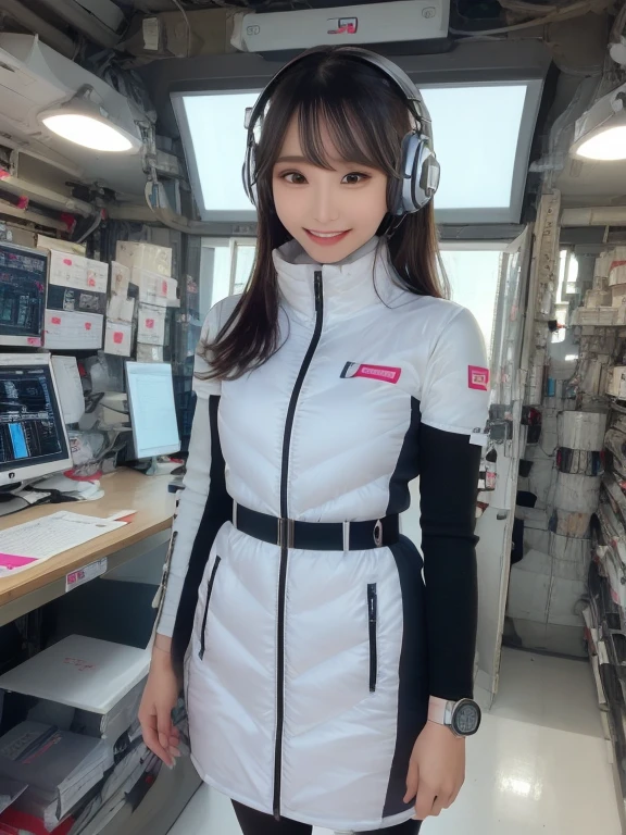 masterpiece, highest quality, Very detailed, 8K Portrait,Japanese Android Girl,plump , Control panel,Robotic arms and legs, Blunt bangs,,break (Metallic Gray, Metallic luster, Mirror finish, Astro Best):5,headphone:5,break (Black sleeves):100,Smart Watches,Futuristic space station,Control Room,break headphone,blue eyes,(Black Hair):2,(Long Hair):1.3,View the viewer,(respirator),break blush:3,Hidden Hand,smile