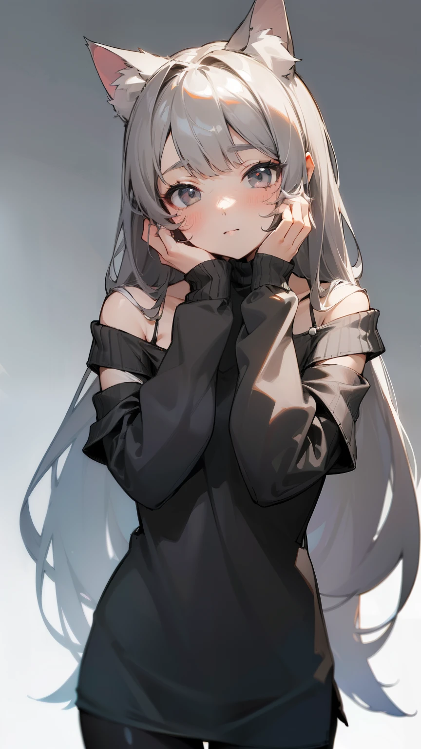 ((最high quality)), ((masterpiece)), (Very detailed:1.3),1 girl,Age 25,超High resolution, retina, masterpiece, Accurate, Anatomically correct, Rough skin, Very detailed, Advanced Details, high quality, Awards, high quality, High resolution, High resolution, 4K,(anime,8k,masterpiece, high quality, high quality,beautiful:1.2,Professional Illustration:1.1,Very detailed:1.3,Perfect lighting),Cute pose,(Gray Eyes:1.5),(Grey Hair),Long Hair,Ears hide,(Black cat ears:1.5),ヤンデレCute pose,layer clothes,(grey camisole:1.5),(overly long sleeves:1.5), (Black sweater:1.5),(off shoulder:1.5),Solid color background,(hands on own cheek:1.5),