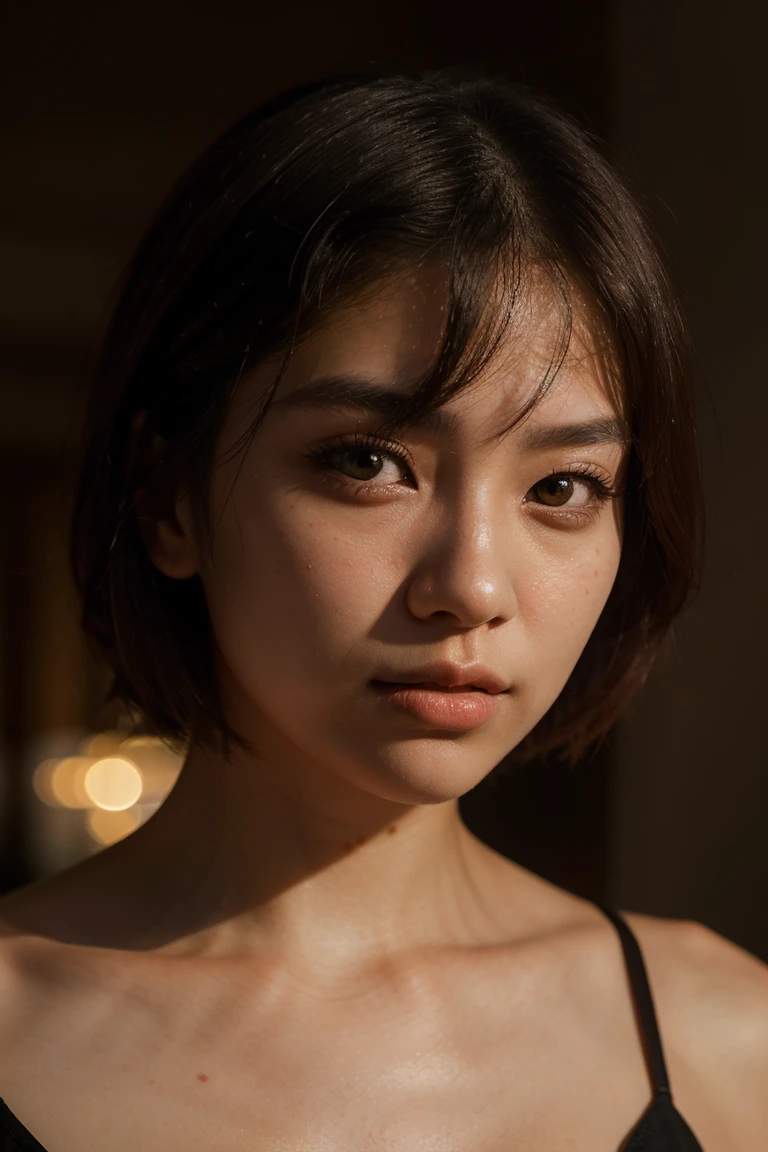 A striking portrait of a young korean woman with short hair, captured in breathtaking high-resolution and high-detail clarity. She sits in a dimly lit setting at midnight, her eyes gleaming with an air of secrecy. Her index finger pressed against her lips, as if to say hush, the atmosphere is charged with intrigue. The camera's composition guides our gaze to her enigmatic expression, bathed in warm, golden lighting that accentuates every realistic detail of her features.