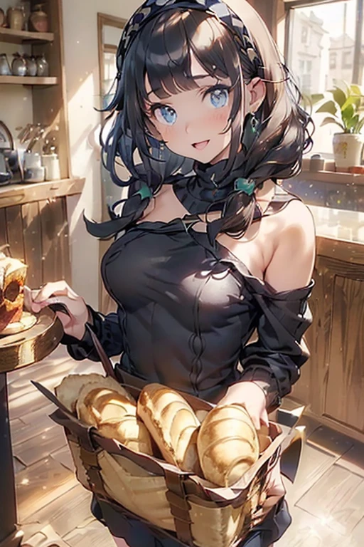 (perky ?????:1.2), (pointed ?????:1.2),(((Black Tunic:1.3))),(((cakes and bread in the basket),Cute and beautiful girl,Cute round face,Cute smile,with blush cheeks,Red Lip,solo, looking at viewer, open mouth, have a cute grass of cute beergrass,black hair, dark green eyes, dress, ???? shoulders, jewelry, collarbone, sidelocks, hairband, earrings, indoors, off shoulder, sweater, arms behind back, plant, short hair with long locks, gild hairband, off-shoulder dress, sweater dress, off-shoulder sweater, black sweater, dark gord hair, big side hair, very long side hair,is rendered in (masterpiece: 1.2, best quality), with (ultra high resolution) and an exquisite (depth of field),(Bangs are see-through bangs),hair pin,hair adornments,detailed clothes features,Detailed hair features,detailed facial features,(Dynamic angles),(Dynamic and ???? poses),Cinematic Light,(masutepiece,top-quality,Ultra-high resolution) ,(The 8k quality,Anatomically accurate facial structure,),(Sea Art 2 Mode:1.3),(Image Mode Ultra HD) ,(Hold a coffee in your hand:1.3),delicate beautiful face, Bright blue eyes, cute eyes, sparkling eyes, Big eyes, (perky ?????:1.1), (pointed ?????:1.3), looking at viewer,

