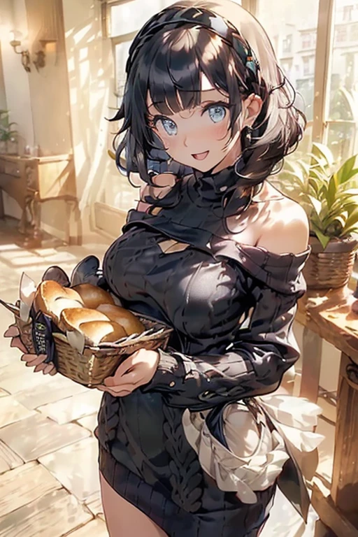 (perky chest:1.2), (pointed chest:1.2),(((Black Tunic:1.3))),(((cakes and bread in the basket),Cute and beautiful girl,Cute round face,Cute smile,with blush cheeks,Red Lip,solo, looking at viewer, open mouth, have a cute grass of cute beergrass,black hair, dark green eyes, dress, bare shoulders, jewelry, collarbone, sidelocks, hairband, earrings, indoors, off shoulder, sweater, arms behind back, plant, short hair with long locks, gild hairband, off-shoulder dress, sweater dress, off-shoulder sweater, black sweater, dark gord hair, big side hair, very long side hair,is rendered in (masterpiece: 1.2, best quality), with (ultra high resolution) and an exquisite (depth of field),(Bangs are see-through bangs),hair pin,hair adornments,detailed clothes features,Detailed hair features,detailed facial features,(Dynamic angles),(Dynamic and sexy poses),Cinematic Light,(masutepiece,top-quality,Ultra-high resolution) ,(The 8k quality,Anatomically accurate facial structure,),(Sea Art 2 Mode:1.3),(Image Mode Ultra HD) ,(Hold a coffee in your hand:1.3),delicate beautiful face, Bright blue eyes, cute eyes, sparkling eyes, Big eyes, (perky chest:1.1), (pointed chest:1.3), looking at viewer,