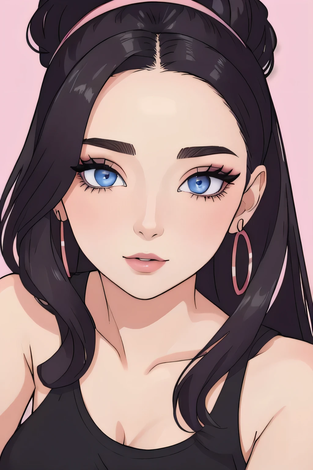 Amazing portrait of a sexy woman with a beautiful face with beautifully detailed eyes in a seductive gaze and beautifully detailed lips and extremely detailed eyes and face with long eyelashes with her pale skin turning pink with a smile on her lips with her messy bun hair tied in a black hairband wearing alluring earrings and black v-neck t-shirt emphasizing her long neck and her medium chest with cleavage and her captivating demeanor having an enchanting expression and tempting charm with captivating beauty and elegance as she poses seductively with her beguiling presence.