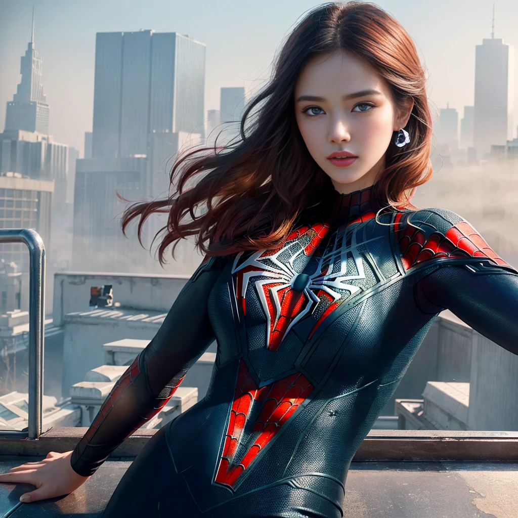 (1girl:1.3), Solo, (((Very detailed face)))), ((Very detailed eyes and face)))), Beautiful detail eyes, Body parts__, Official art, Unified 8k wallpaper, Super detailed, beautiful and beautiful, beautiful, masterpiece, best quality, original, masterpiece, super fine photo, best quality, super high resolution, realistic realism, sunlight, full body portrait, amazing beauty, dynamic pose, delicate face, vibrant eyes, (from the front), She wears Spider-Man suit, red and black color scheme, spider, very detailed city roof background, rooftop, overlooking the city, detailed face, detailed complex busy background, messy, gorgeous, milky white, highly detailed skin, realistic skin details, visible pores, clear focus, volumetric fog, 8k uhd, DSLR, high quality, film grain, fair skin, photo realism, lomography, futuristic dystopian megalopolis, translucent