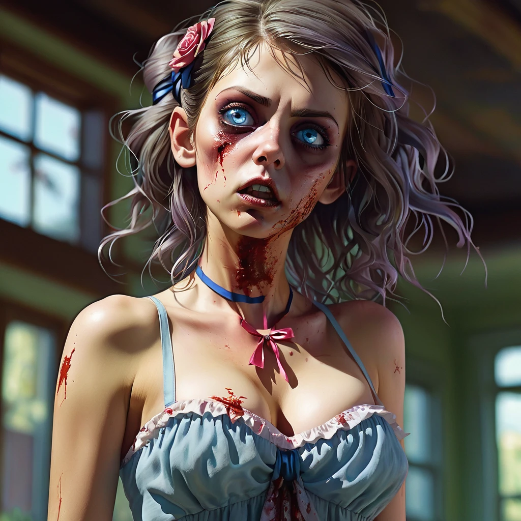 (finely detailed beautiful eyes and detailed zombie face,masterpiece sidelighting,masterpiece,best quality,detailed,high resolution illustration),, (depraved topless zombie girl,whole body,sundress,lustrous skin,looking down,looking at viewer),, (blood hair,blue eyes,ribbon, sheer clothes), (clothed_underbust:1.2),underboob