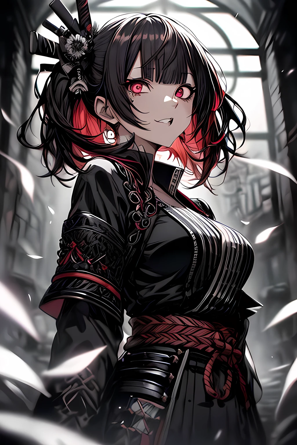 Samurai sword、Twin-tailed、Side Up、red eyes、mobile phone、iphone、Full body、A dark-haired、Gothic punk、A dark-haired、Blunt bangs、Ahegao ( Silly / Sexual ecstasy)、Cross-eyed、Stranger、View other people、Blunt bangs、 over-kneehighs,Ahegao , Silly,Sexual ecstasy,Drunken eyes,Blunt bangs,(masutepiece:1.2, Best Quality), (finely detailed beautiful eye: 1.2), (Detailed background,Dark Fantasy), (beautifull detailed face), High contrast, (Best Illumination, extremely delicate and beautiful), ((Cinematic Light)), Colorful, Hyper Detail, Dramatic light, Intricate details,