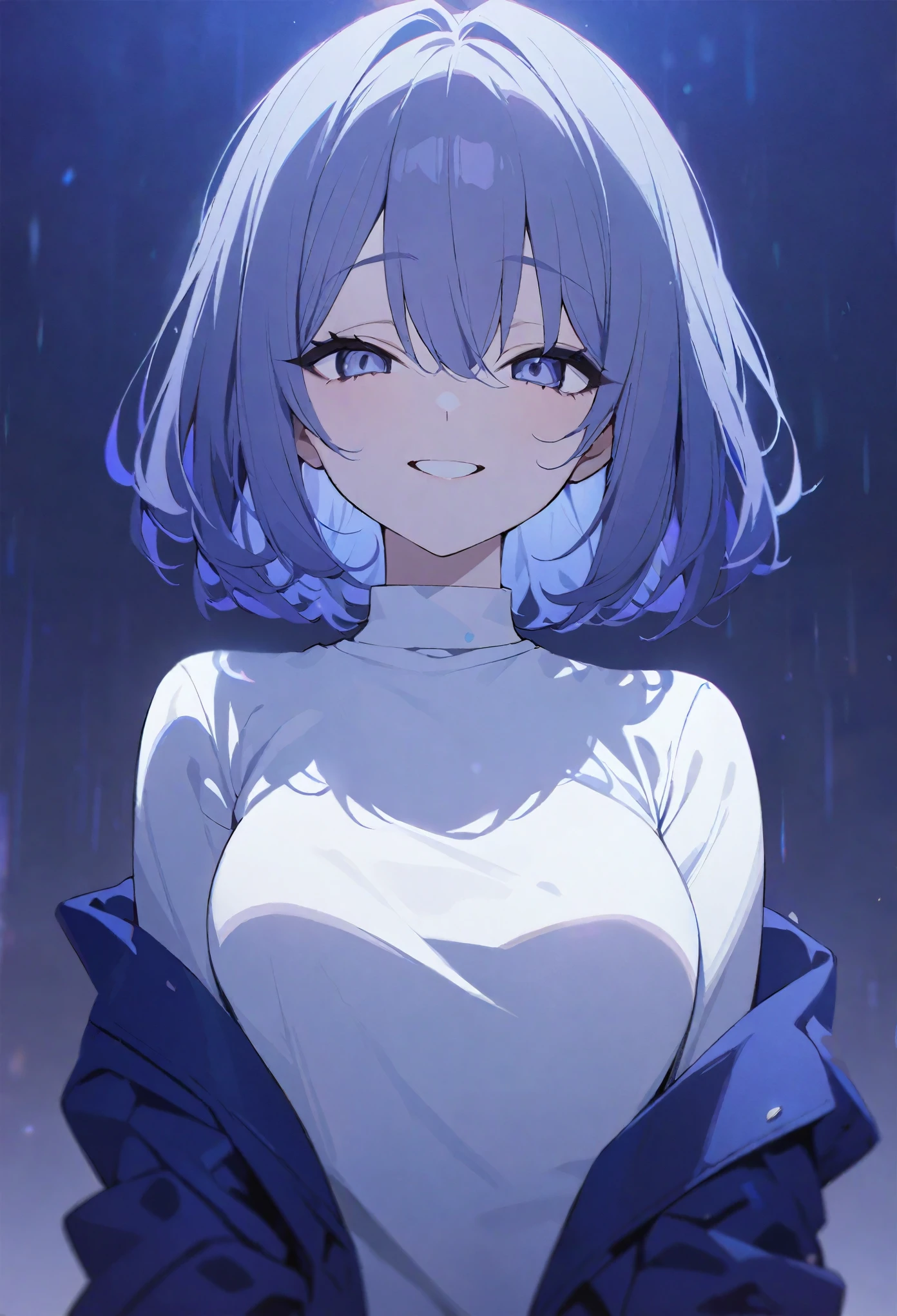 One girl、Blue-grey eyes and hair、Big Eyes、Medium Hair、White shirt、Navy blue jacket、Beautiful indigo rain background、smile、highest quality、Masterpiece