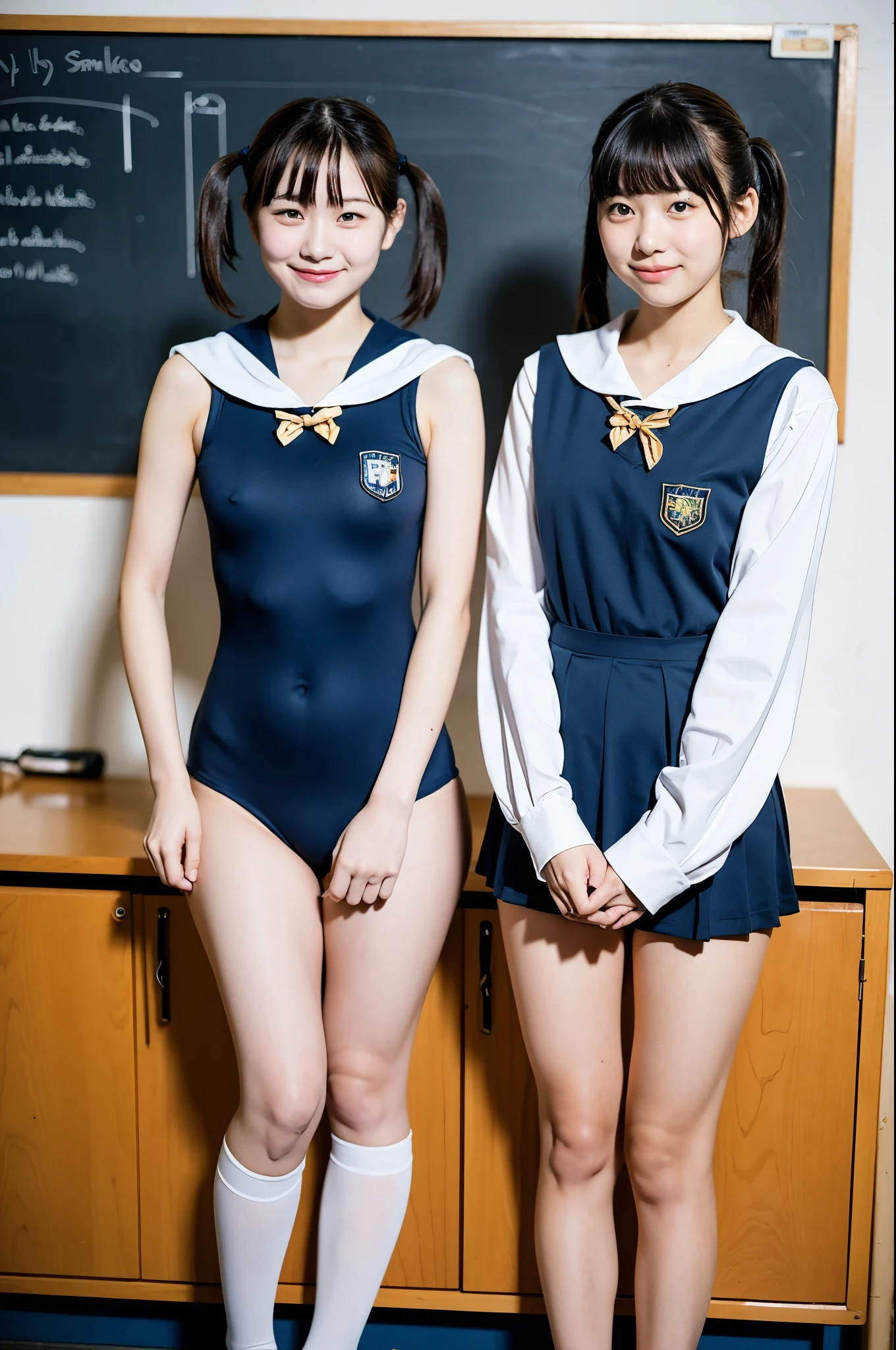 2 girls standing in school classroom,navy blue leotard with white sailor collar,break,18-year-old,bangs,a little smile,thighs,knees,break,short hair with low pigtails,from before,front light