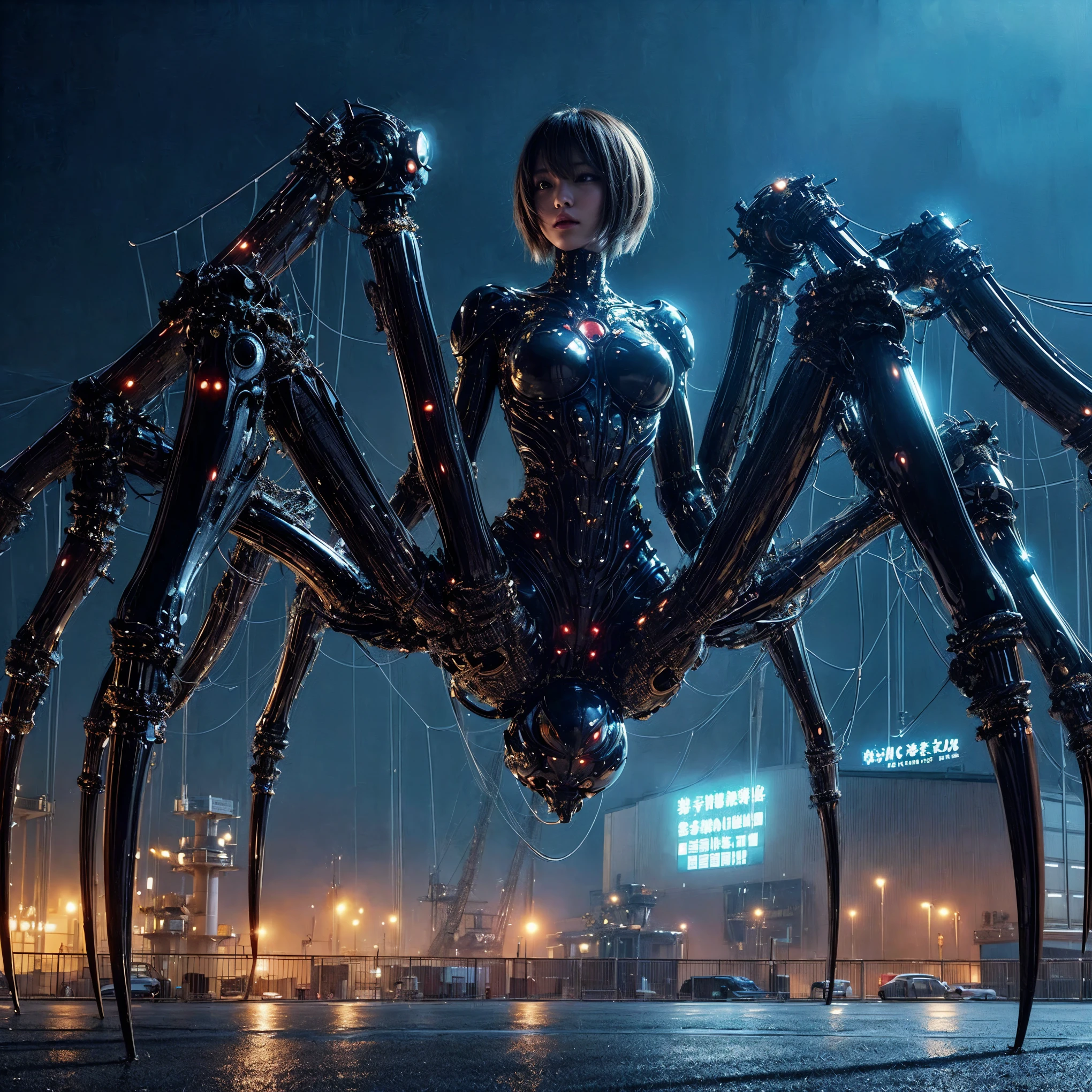 masterpiece、highest quality、(Extremely intricate details)、(Extremely realistic texture)、gloss々Texture、A cicada-like bio-insect suit designed by Hajime Katoki、1 person、Ultra-realistic photos of beautiful female soldiers、Night view of the bayside industrial area、battle、Please generate at least 4 copies.