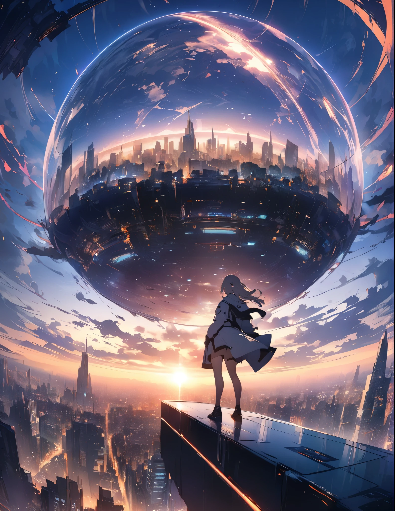 (anime)、(masterpiece:1.2),atmospheric perspective,lens flare、Ultra-wide background with a focus on the girl、Futuristic City、Girl standing on the roof