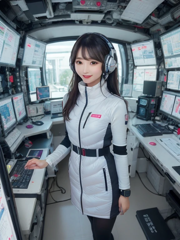 masterpiece, highest quality, Very detailed, 8K Portrait,Japanese Android Girl,plump , Control panel,Robotic arms and legs, Blunt bangs,,break (Metallic Gray, Metallic luster, Mirror finish, Astro Best):5,headphone:5,break (Black sleeves):100,Smart Watches,Futuristic space station,Control Room,break headphone,blue eyes,(Black Hair):2,(Long Hair):1.3,View the viewer,(respirator),break blush:3,Hidden Hand,smile