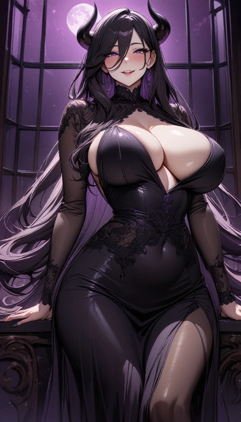 Masterpiece, very detailed, ultra detailed, alone, (1 woman), she is in a tight black dress with purple details, and in an elegant position, super mature, tall, milf, mature mother, super long hair, straight hair, ultra-black hair and sides hair, black demon horns, beautiful, charming, bright purple eyes, elegant, big breasts (huge), bare breasts, cheerful breasts, mysterious smile, kind smile, charming, dark purple background, dark purple atmosphere, against the background of a luxurious window and a large beautiful moon.