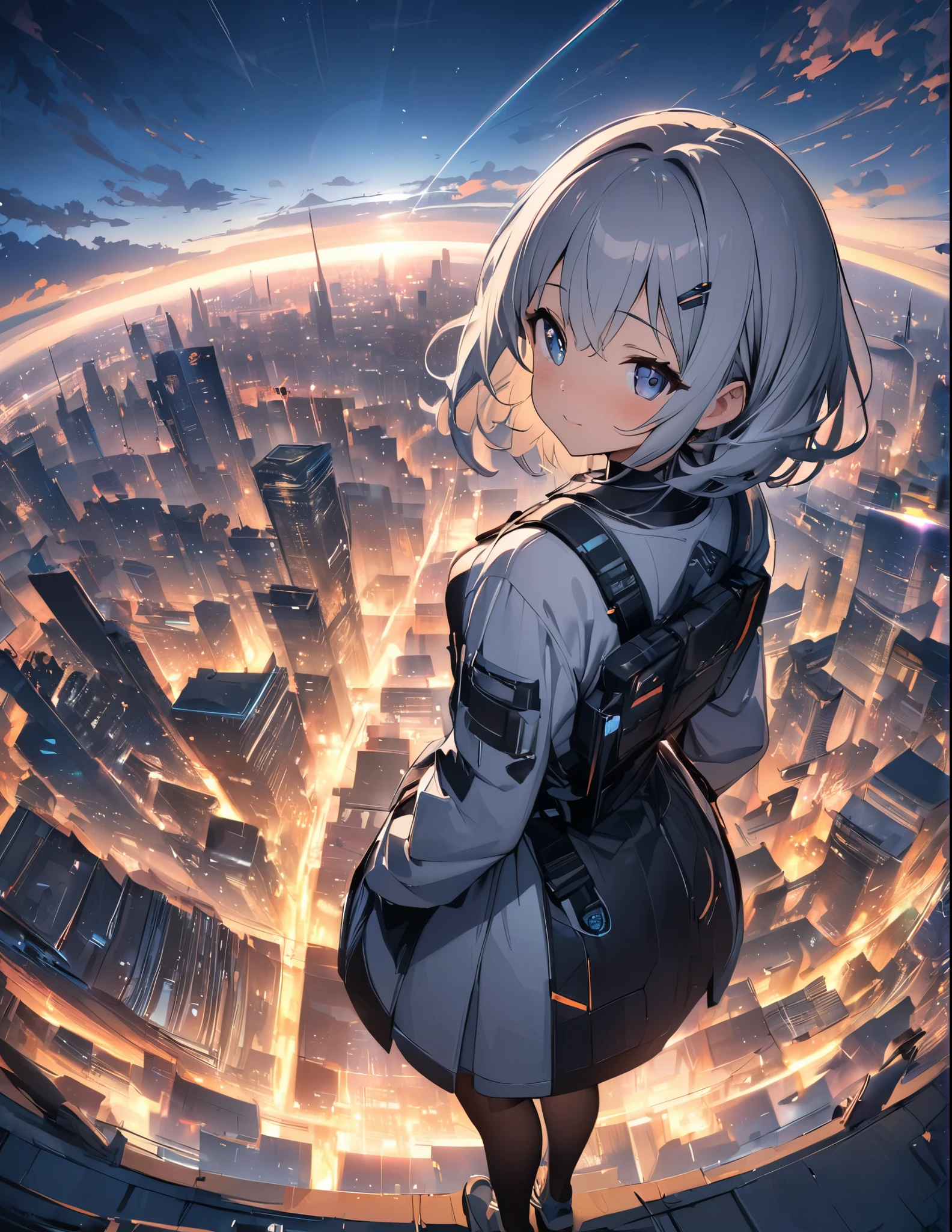 (anime)、(masterpiece:1.2),atmospheric perspective,lens flare、Ultra-wide background with a focus on the girl、Futuristic City、Girl standing on the roof、cute、Different world