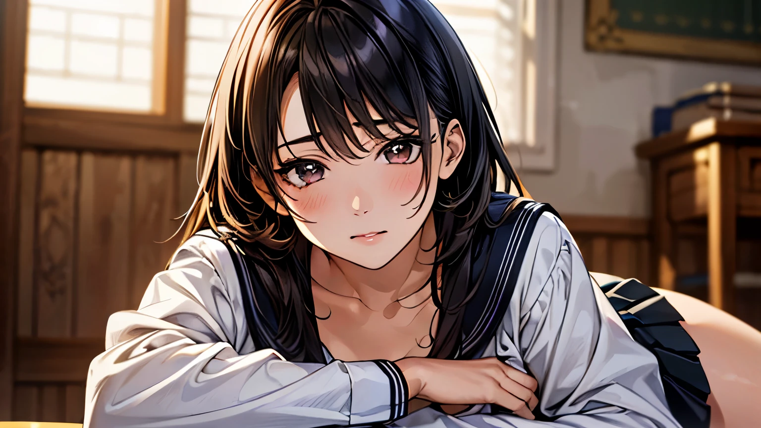 (masterpiece:1.3, highest quality, Ultra-high resolution, Very detailed), (Realistic, photoRealistic:1.4), Beautiful illustrations, Perfect lighting, Natural light, colorful, Written boundary depth,
Beautiful detailsまでこだわった髪, Beautifully detailed face, Beautiful details, Beautiful clavicle, Beautiful body, Beautiful breasts, Beautiful thighs, Beautiful legs, Beautiful fingers, Bookを持っている,
Show Viewer, (Face Focus, Upper Body), 1 girl, 日Book語, high school girl, Perfect Face, (Perfect Anatomy, Anatomically correct), Cute and symmetrical face, Baby Face, , Shiny skin, whole body,
(Long Hair:1.4, Straight hair:1.7, Light brown hair,), Long eyelashes, (Mid-chest:1.6, Tight ass, Captivating thighs), thin,
(((Long sleeve white shirt, Sailor suit:1.4, black skinny mini skirt:1.4, ), My thighs are shiny, Pink perspective, Very sexy, Total, Captivating thighs)),
(Beautiful views), School, Stubborn, Roll up the skirt yourself, , Bookを読んでいる,Bookを持っている,whole body,one person,Sitting,Book,Bookを読んでいる,Sad look,Bookを持っている