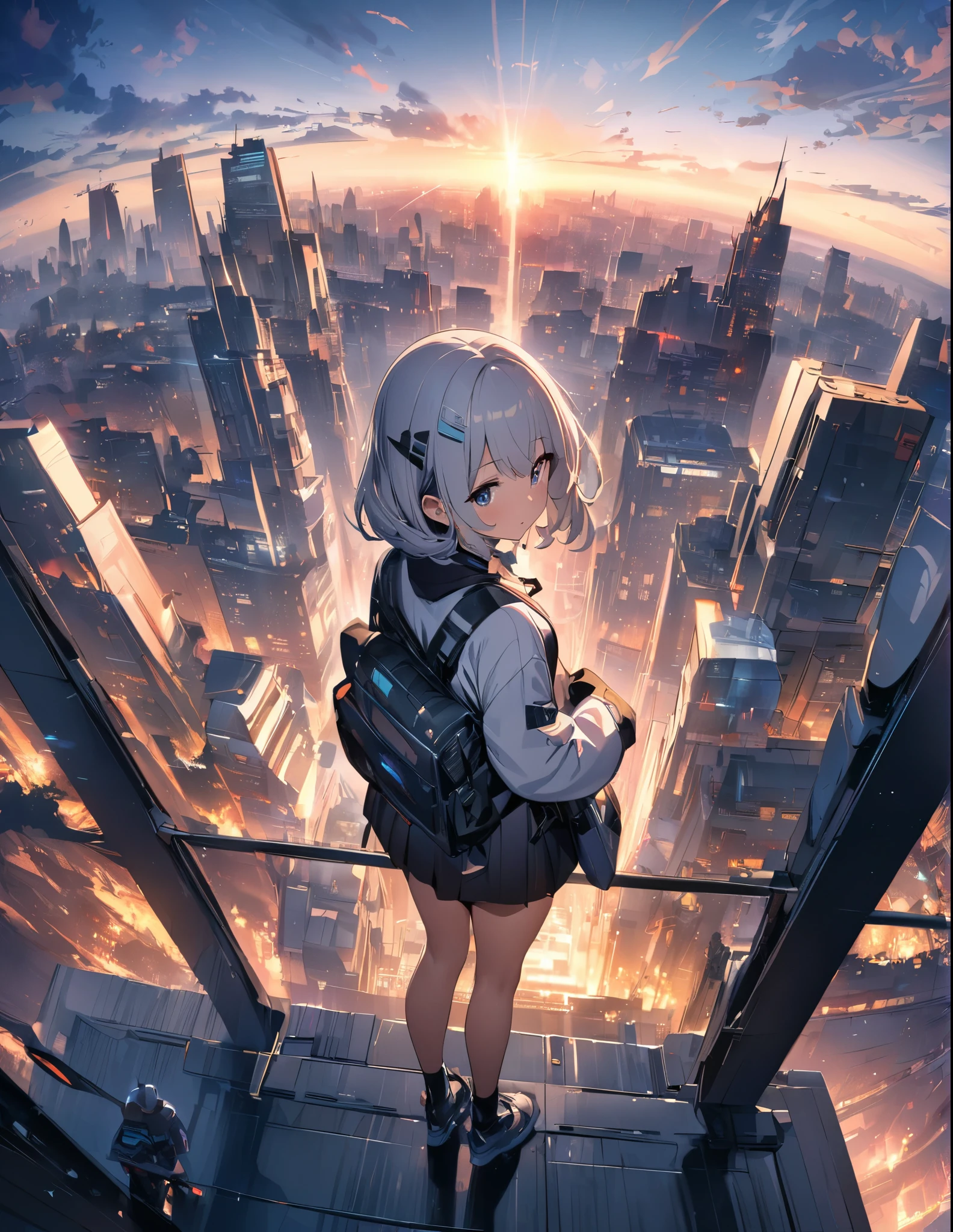 (anime)、(masterpiece:1.2),atmospheric perspective,lens flare、Ultra-wide background with a focus on the girl、Futuristic City、Girl standing on the roof、cute、Different world