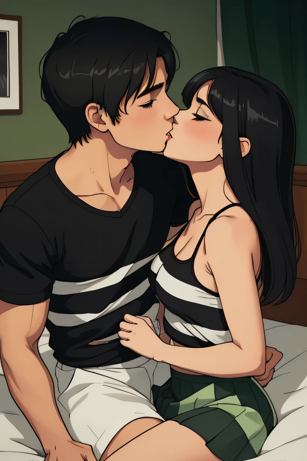 Amazing portrait of a sexy and woman wearing a black and white striped t shirt and a dark green skirt kissing and making out passionately with a shirtless boy on the bed in an intimate setting