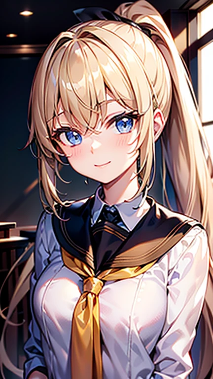 High quality, Best quality , masterpiece, Portrait、、Bright expression、ponytail、Young, shiny, white, glossy skin、Gloss Face、Shining Cheek Gloss、Small Face Beauty、The best beauty、The dazzling light of blonde hair、Bright blonde hair with dazzling highlights、Very beautiful shiny light blonde hair、super long silky straight hair、Her shiny, beautiful bangs are covering her eyes.、Sparkling, clear, attractive, bright, large, pale blue eyes、Very big eyes、eyeliner、very beautiful lovely cute girl、young girl, Ample Bust, upper body , (smile:1.2) , (((school uniform , ponytail )))),in school