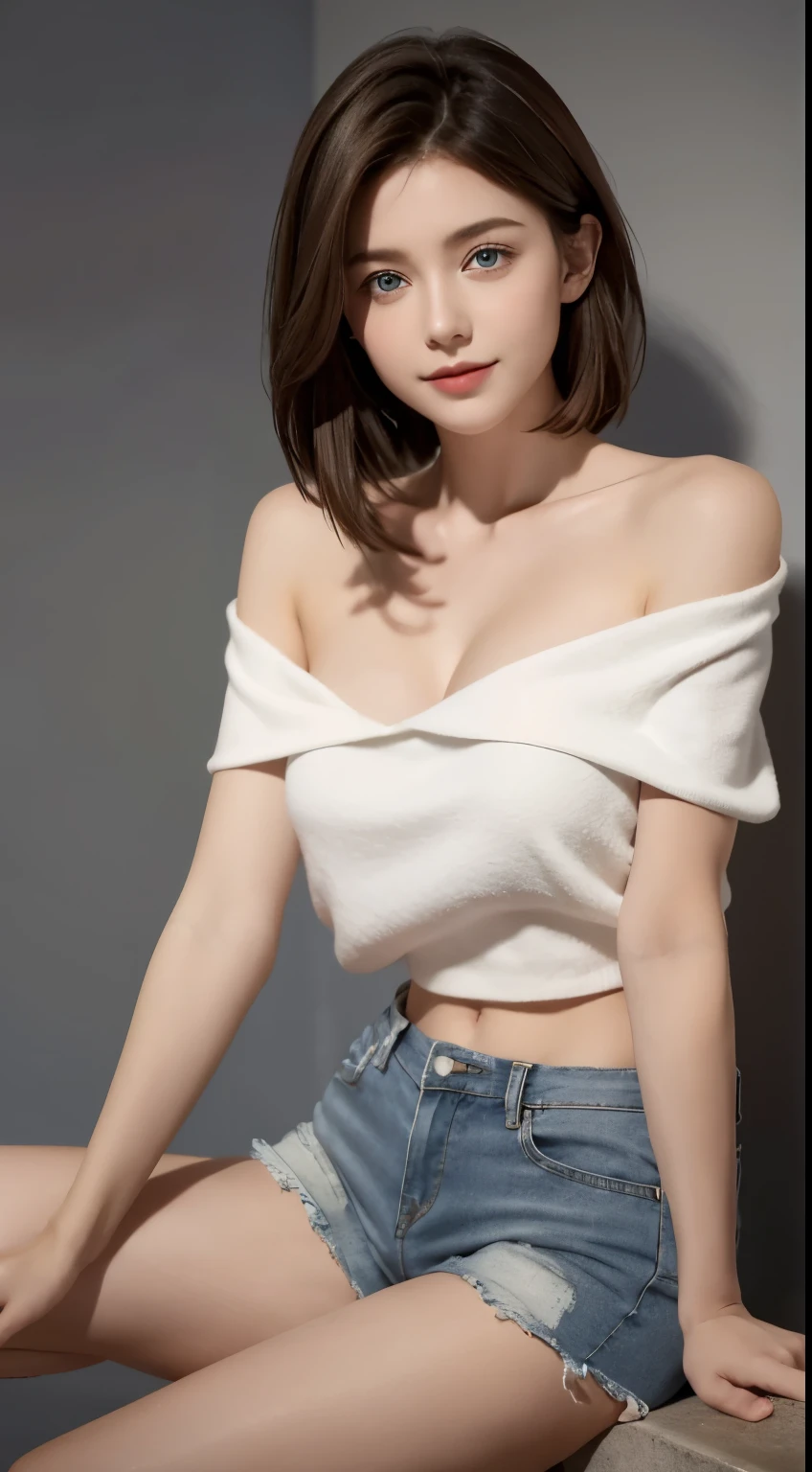 White top that fits snugly against the skin:1.2, View Viewer, Cinema Lighting, perfection, Soft Light, High Resolution Skins:1.4, Realistic skin texture, 30 years old、Small Face、(double eyelid),No makeup、(Smile),Off the shoulder,Bust B cup、 Exposed cleavage, blue eyes, short hair, Dark brown hair、Full Body Shot、Shorts、Beautiful legs,Gray background、