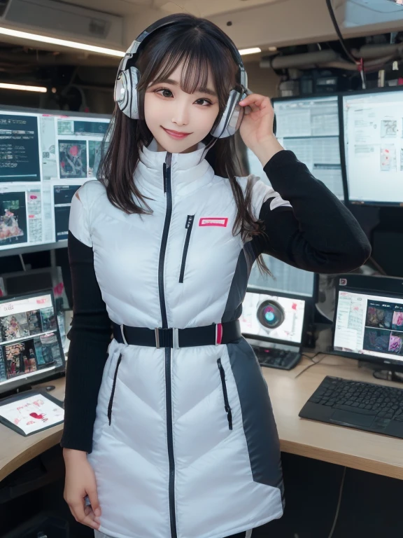 masterpiece, highest quality, Very detailed, 8K Portrait,Japanese Android Girl,plump , Control panel,Robotic arms and legs, Blunt bangs,,break (Metallic Gray, Metallic luster, Mirror finish, Astro Best):5,headphone:5,break (Black sleeves):100,Smart Watches,Futuristic space station,Control Room,break headphone,blue eyes,(Black Hair):2,(Long Hair):1.3,View the viewer,(respirator),break blush:3,Hidden Hand,smile