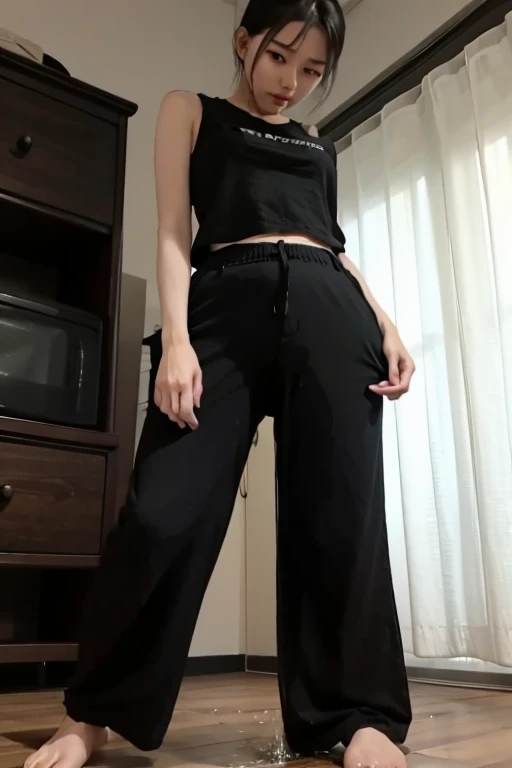 Japanese Girl wear a short-sleeved t-shirt sees the ghost and pees her black palazzo pants until her pants are wet in fright.