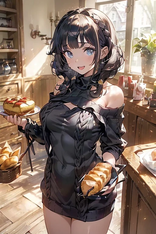 (perky chest:1.2), (pointed chest:1.2),(((Black Tunic:1.3))),(((cakes and bread in the basket),Cute and beautiful girl,Cute round face,Cute smile,with blush cheeks,Red Lip,solo, looking at viewer, open mouth, have a cute grass of cute beergrass,black hair, dark green eyes, dress, bare shoulders, jewelry, collarbone, sidelocks, hairband, earrings, indoors, off shoulder, sweater, arms behind back, plant, short hair with long locks, gild hairband, off-shoulder dress, sweater dress, off-shoulder sweater, black sweater, dark gord hair, big side hair, very long side hair,is rendered in (masterpiece: 1.2, best quality), with (ultra high resolution) and an exquisite (depth of field),(Bangs are see-through bangs),hair pin,hair adornments,detailed clothes features,Detailed hair features,detailed facial features,(Dynamic angles),(Dynamic and sexy poses),Cinematic Light,(masutepiece,top-quality,Ultra-high resolution) ,(The 8k quality,Anatomically accurate facial structure,),(Sea Art 2 Mode:1.3),(Image Mode Ultra HD) ,(Hold a coffee in your hand:1.3),delicate beautiful face, Bright blue eyes, cute eyes, sparkling eyes, Big eyes, (perky chest:1.1), (pointed chest:1.3), looking at viewer,
