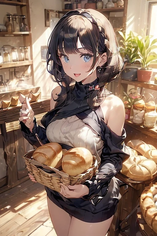 (perky chest:1.2), (pointed chest:1.2),(((Black Tunic:1.3))),(((cakes and bread in the basket),Cute and beautiful girl,Cute round face,Cute smile,with blush cheeks,Red Lip,solo, looking at viewer, open mouth, have a cute grass of cute beergrass,black hair, dark green eyes, dress, bare shoulders, jewelry, collarbone, sidelocks, hairband, earrings, indoors, off shoulder, sweater, arms behind back, plant, short hair with long locks, gild hairband, off-shoulder dress, sweater dress, off-shoulder sweater, black sweater, dark gord hair, big side hair, very long side hair,is rendered in (masterpiece: 1.2, best quality), with (ultra high resolution) and an exquisite (depth of field),(Bangs are see-through bangs),hair pin,hair adornments,detailed clothes features,Detailed hair features,detailed facial features,(Dynamic angles),(Dynamic and sexy poses),Cinematic Light,(masutepiece,top-quality,Ultra-high resolution) ,(The 8k quality,Anatomically accurate facial structure,),(Sea Art 2 Mode:1.3),(Image Mode Ultra HD) ,(Hold a coffee in your hand:1.3),delicate beautiful face, Bright blue eyes, cute eyes, sparkling eyes, Big eyes, (perky chest:1.1), (pointed chest:1.3), looking at viewer,
