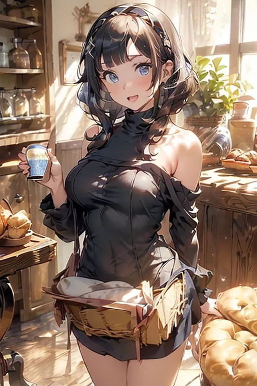 (perky chest:1.2), (pointed chest:1.2),(((Black Tunic:1.3))),(((cakes and bread in the basket),Cute and beautiful girl,Cute round face,Cute smile,with blush cheeks,Red Lip,solo, looking at viewer, open mouth, have a cute grass of cute beergrass,black hair, dark green eyes, dress, bare shoulders, jewelry, collarbone, sidelocks, hairband, earrings, indoors, off shoulder, sweater, arms behind back, plant, short hair with long locks, gild hairband, off-shoulder dress, sweater dress, off-shoulder sweater, black sweater, dark gord hair, big side hair, very long side hair,is rendered in (masterpiece: 1.2, best quality), with (ultra high resolution) and an exquisite (depth of field),(Bangs are see-through bangs),hair pin,hair adornments,detailed clothes features,Detailed hair features,detailed facial features,(Dynamic angles),(Dynamic and sexy poses),Cinematic Light,(masutepiece,top-quality,Ultra-high resolution) ,(The 8k quality,Anatomically accurate facial structure,),(Sea Art 2 Mode:1.3),(Image Mode Ultra HD) ,(Hold a coffee in your hand:1.3),delicate beautiful face, Bright blue eyes, cute eyes, sparkling eyes, Big eyes, (perky chest:1.1), (pointed chest:1.3), looking at viewer,
