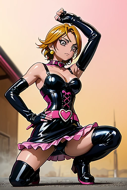 BDSM、Queen、spouse、(((One Girl)))、alone、(((Shiny latex costume)))、(((Long gloves covered in black latex all the way to the fingertips:1.4 )))、(((Black and pink latex corset dress:1.4)))、
(((Beautiful lace corset dress.)))、(((corset dress with shoulder straps)))、(((Black and pink latex tight mini skirt:1.4)))、(((Black thigh-high boots)))、(((Black fishnet stockings:1.2 )))、Stiletto heels、(((Black latex panties)))、(((black latex bra)))、(((Black leather collar)))、(((erotic)))、Blonde Short Hair、masterpiece、High resolution、
High resolution、masterpiece、Anatomically perfect body、Anatomically perfect hands and feet、Detailed face、Fine grain、Cold Stare、(Inside the house)、(squat)、Facing forward、(Concrete Background)、Hands on hips、
(Cure Black)、Belt of Hearts、(((Looking down)))、Facing forward