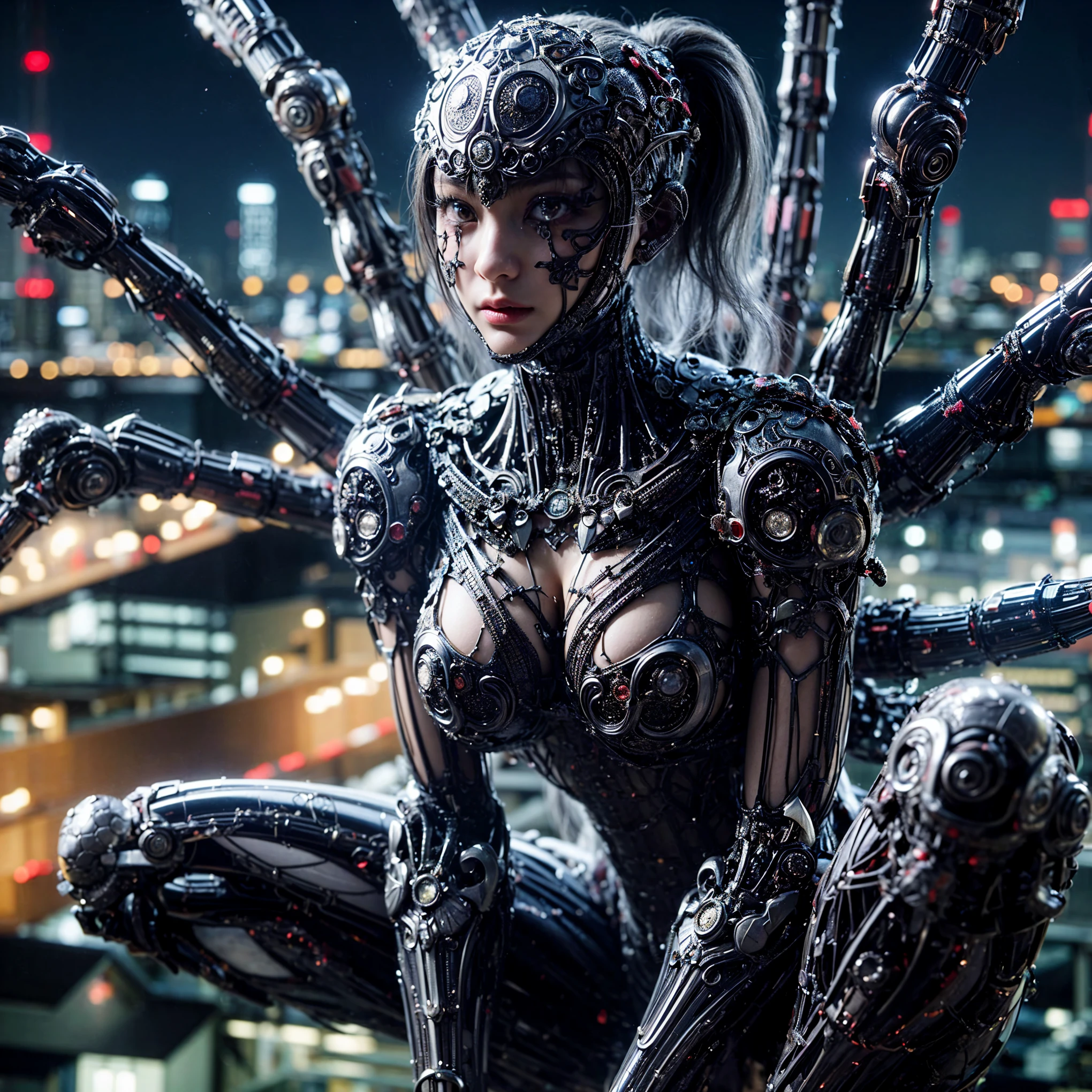 masterpiece、highest quality、(Extremely intricate details)、(Extremely realistic texture)、gloss々Texture、A cicada-like bio-insect suit designed by Hajime Katoki、1 person、Ultra-realistic photos of beautiful female soldiers、Night view of the bayside industrial area、battle、Please generate at least 4 copies.