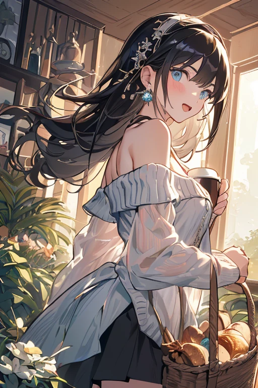(perky chest:1.2), (pointed chest:1.2),(((Black Tunic:1.3))),(((cakes and bread in the basket),Cute and beautiful girl,Cute round face,Cute smile,with blush cheeks,Red Lip,solo, looking at viewer, open mouth, have a cute grass of cute beergrass,black hair, dark green eyes, dress, bare shoulders, jewelry, collarbone, sidelocks, hairband, earrings, indoors, off shoulder, sweater, arms behind back, plant, short hair with long locks, gild hairband, off-shoulder dress, sweater dress, off-shoulder sweater, black sweater, dark gord hair, big side hair, very long side hair,is rendered in (masterpiece: 1.2, best quality), with (ultra high resolution) and an exquisite (depth of field),(Bangs are see-through bangs),hair pin,hair adornments,detailed clothes features,Detailed hair features,detailed facial features,(Dynamic angles),(Dynamic and sexy poses),Cinematic Light,(masutepiece,top-quality,Ultra-high resolution) ,(The 8k quality,Anatomically accurate facial structure,),(Sea Art 2 Mode:1.3),(Image Mode Ultra HD) ,(Hold a coffee in your hand:1.3),delicate beautiful face, Bright blue eyes, cute eyes, sparkling eyes, Big eyes, (perky chest:1.1), (pointed chest:1.3), looking at viewer,