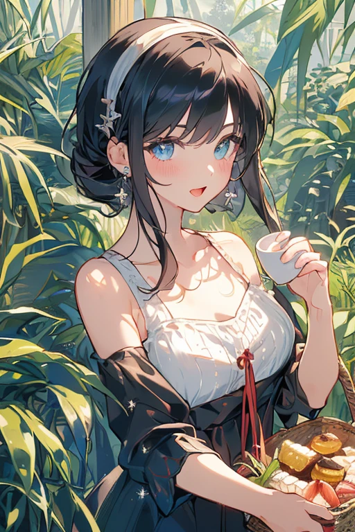 (perky chest:1.2), (pointed chest:1.2),(((Black Tunic:1.3))),(((cakes and bread in the basket),Cute and beautiful girl,Cute round face,Cute smile,with blush cheeks,Red Lip,solo, looking at viewer, open mouth, have a cute grass of cute beergrass,black hair, dark green eyes, dress, bare shoulders, jewelry, collarbone, sidelocks, hairband, earrings, indoors, off shoulder, sweater, arms behind back, plant, short hair with long locks, gild hairband, off-shoulder dress, sweater dress, off-shoulder sweater, black sweater, dark gord hair, big side hair, very long side hair,is rendered in (masterpiece: 1.2, best quality), with (ultra high resolution) and an exquisite (depth of field),(Bangs are see-through bangs),hair pin,hair adornments,detailed clothes features,Detailed hair features,detailed facial features,(Dynamic angles),(Dynamic and sexy poses),Cinematic Light,(masutepiece,top-quality,Ultra-high resolution) ,(The 8k quality,Anatomically accurate facial structure,),(Sea Art 2 Mode:1.3),(Image Mode Ultra HD) ,(Hold a coffee in your hand:1.3),delicate beautiful face, Bright blue eyes, cute eyes, sparkling eyes, Big eyes, (perky chest:1.1), (pointed chest:1.3), looking at viewer,