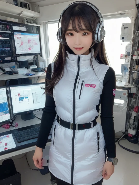 masterpiece, highest quality, Very detailed, 8K Portrait,Japanese Android Girl,plump , Control panel,Robotic arms and legs, Blunt bangs,,break (Metallic Gray, Metallic luster, Mirror finish, Astro Best):5,headphone:5,break (Black sleeves):100,Smart Watches,Futuristic space station,Control Room,break headphone,blue eyes,(Black Hair):2,(Long Hair):1.3,View the viewer,(respirator),break blush:3,Hidden Hand,smile