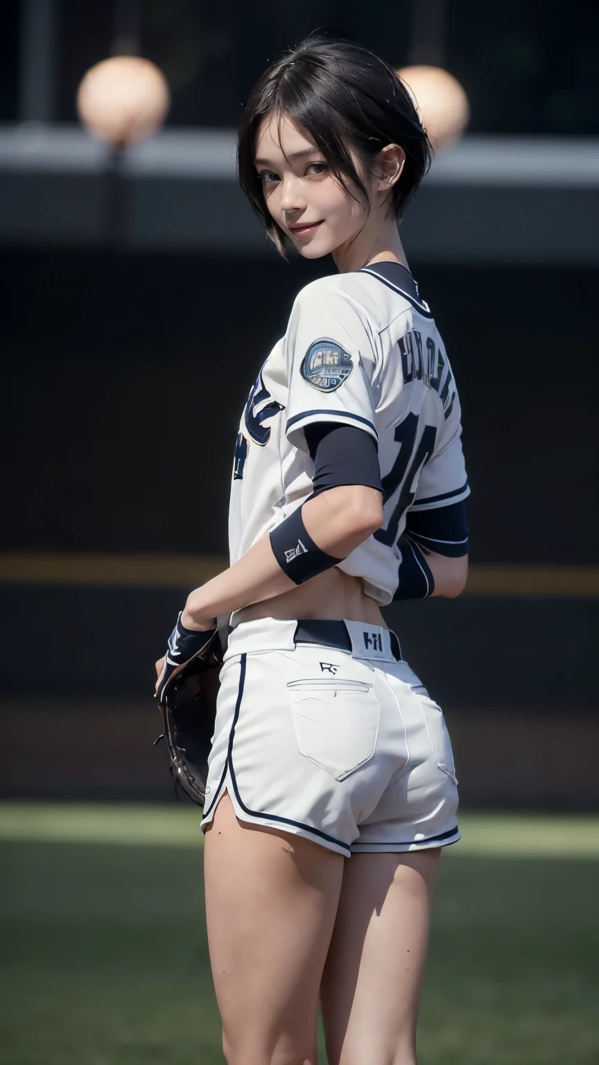 (Clothing:2.0, Baseball Uniforms:2.0, Shorts:2.0), (baseball Ground:1.5), (Wet:1.5), ((A grin:1.2, short hair:1.2, slender:1.5, Small Ass:1.5)), ((Japanese, 1 Girl, 18-year-old, 7 heads, Ideal body proportions, Black Hair, With bangs, Small breasts, Erect nipples, slender, Small Ass, Beautiful feet, Skinny Legs)), Surrealism, Cinematic Lighting, Depth of written boundary, First Person View, Boobs F/1.8, 135mm, Ticker, Mastepiece, Curate, ((Anatomically correct:1.3)), Textured skin, Super Detail, High detail, High quality, Awards, Best Quality, High resolution, 8K