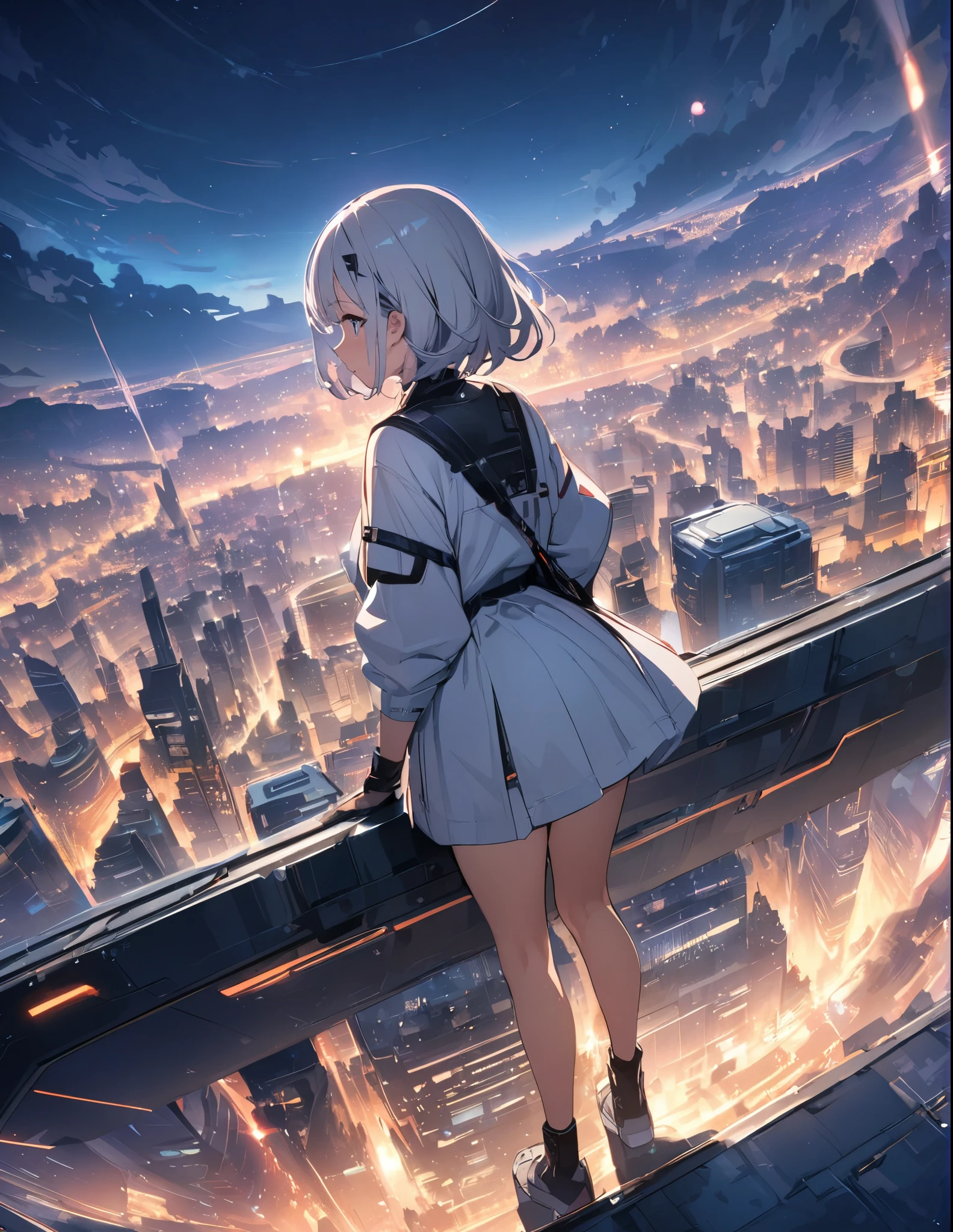 (anime)、(masterpiece:1.2),atmospheric perspective,lens flare、Ultra-wide background with a focus on the girl、Futuristic City、Girl standing on the roof、cute、Different world,Close-up